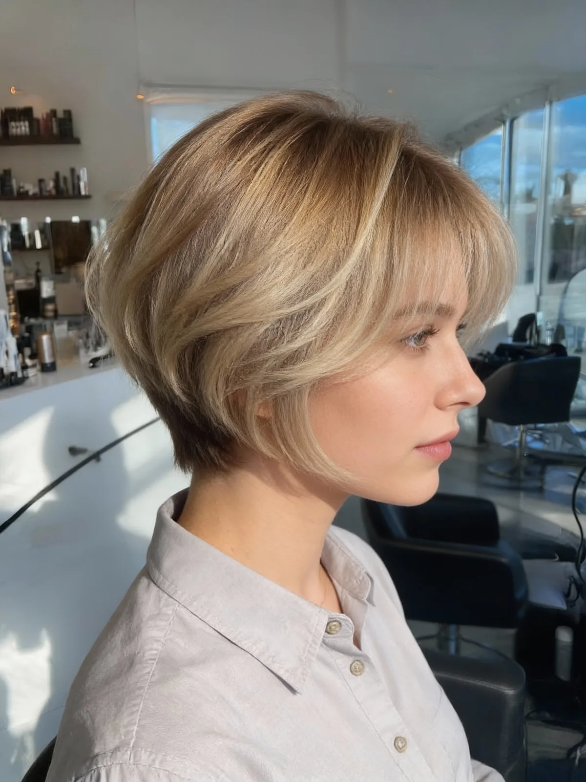 Wavy Sandy Blonde Stacked Bob with Wispy Bangs